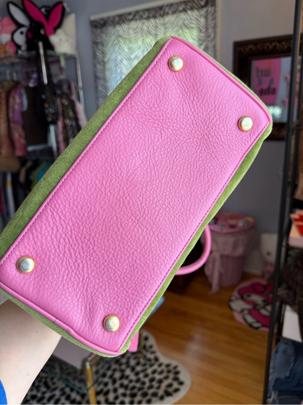 Juicy Couture Green Suede Satchel with Pink Trim and Heart Charm - Picture 6 of 9